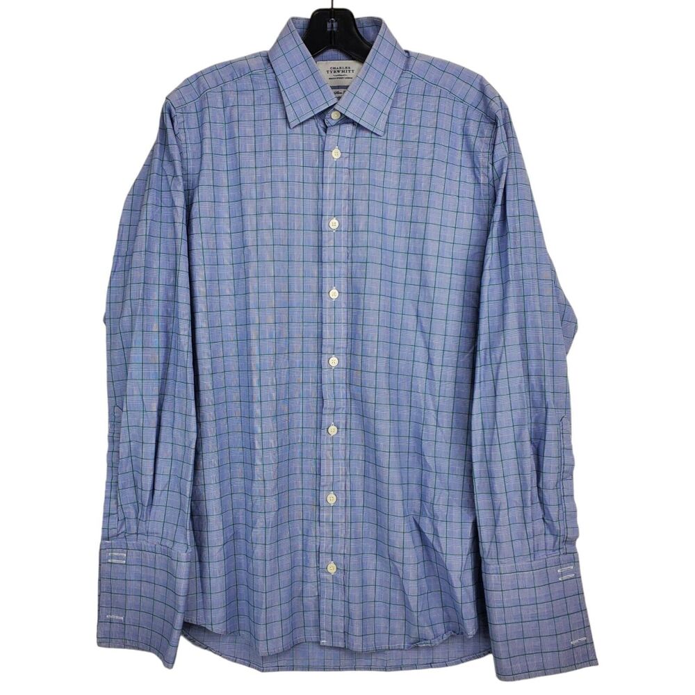 CHARLES TYRWHITT Shirt Men 16 Blue Glen Check Plaid Casual Button Up Slim Fit
